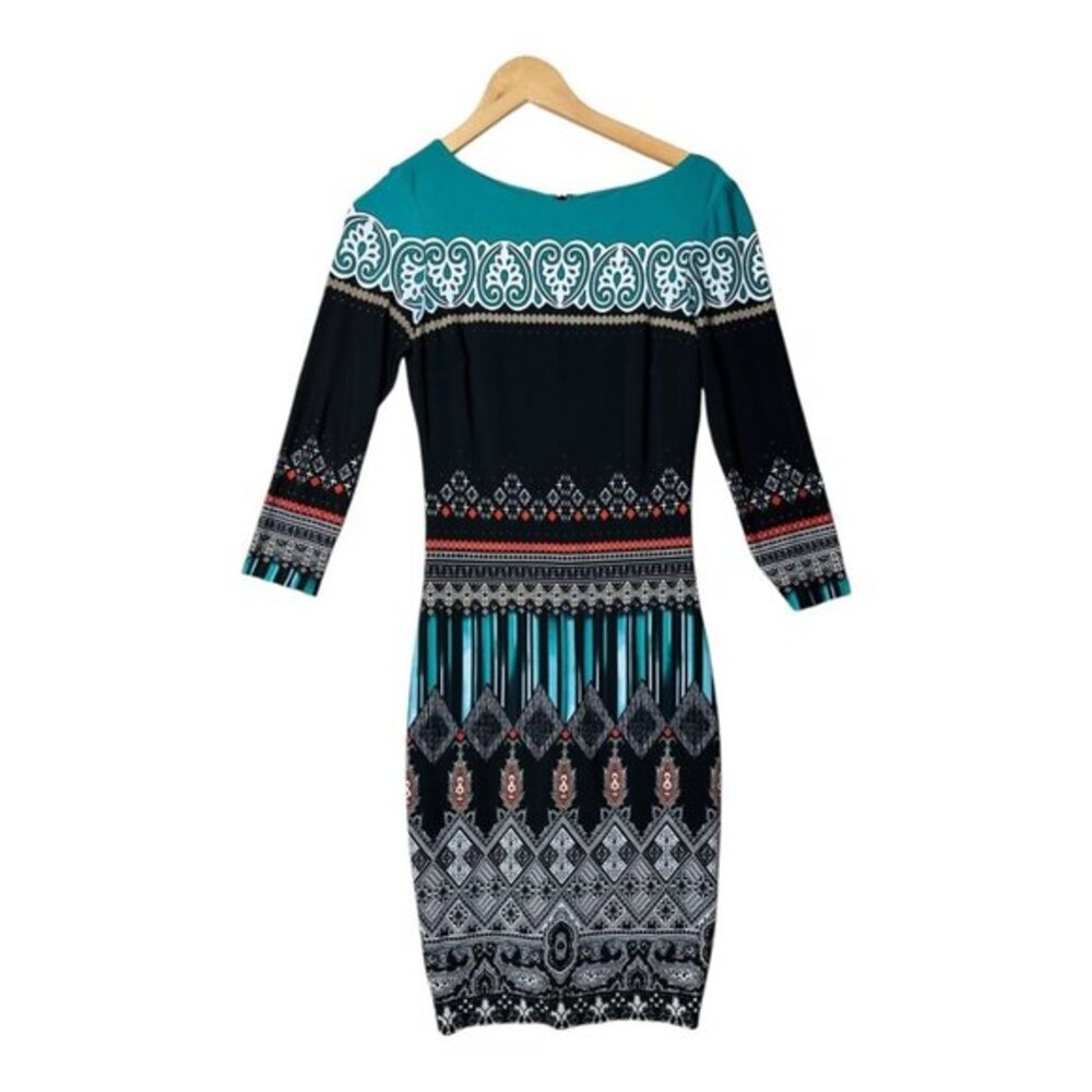 Cache Jersey Paisley Print Knee Length Dress size Small Black/Blue